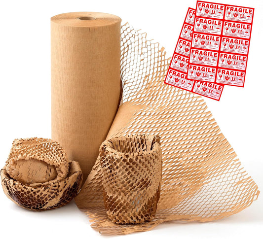 Honeycomb Packing Paper 15" Width X 300 FT for Moving Glass Dishes Recyclable Wrapping Paper Bubble Wrap Packing Material for Shipping Fragile Items Shipping Filler with 20 Fragile Stickers