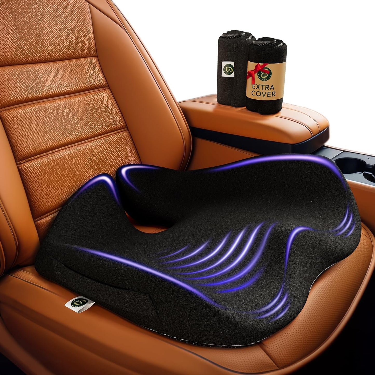 Car Seat Cushion for Driving — Orthopedic Memory Foam Car Seat Pad for Sciatica, Tailbone, and Back Pain Relief for Long Drives. Bonus: with Extra Non-Slip/Washable Cover(Black)