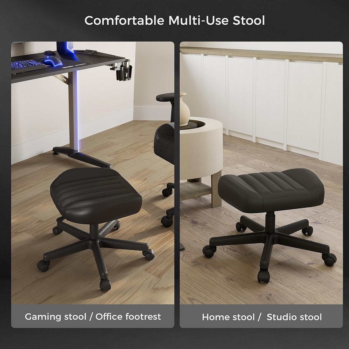 EUREKA ERGONOMIC Multi-Use Stool, Height Adjustable Swivel Rolling Stool Chair W Wheels, Ottoman Footrest for Gaming, Home Office, Black