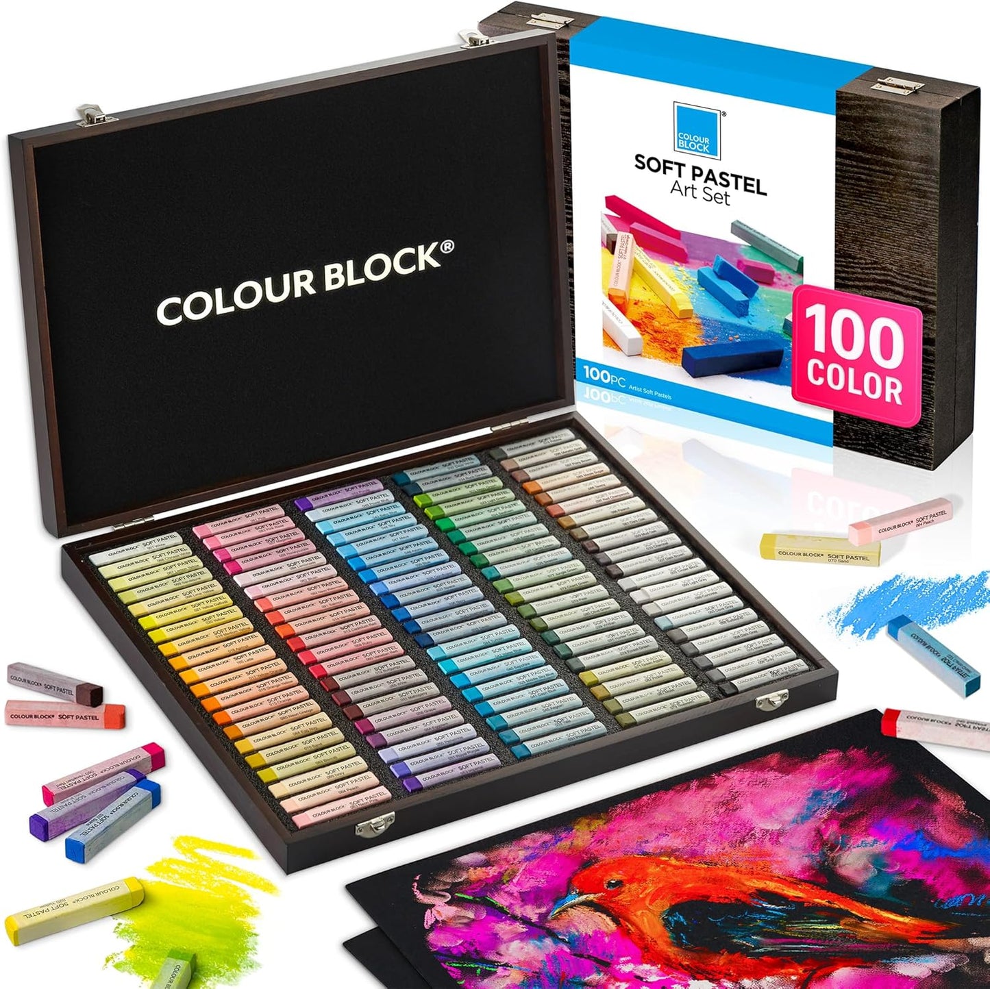 COLOUR BLOCK Soft Pastels for Artists - 100 Colors Square Chalk Pastels Set in Wooden Box - Vibrant Pigments Art Kit for Painting, Drawing, Sketching, Hobbyists, Students and Kids.