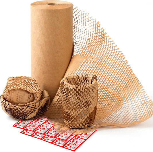 Honeycomb Packing Paper 12" Width X 200 FT for Moving Glass Dishes Recyclable Wrapping Paper Bubble Wrap Packing Material for Shipping Fragile Items Shipping Filler with 20 Fragile Stickers