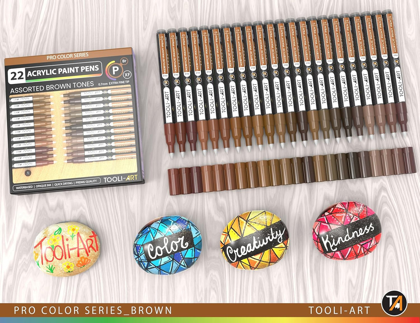 Acrylic Paint Pens 22 Brown Tones Assorted Pro Color Series Markers Set 0.7mm Extra Fine Tip for Rock Painting, Glass, Mugs, Wood, Metal, Canvas, Projects, Non Toxic, Waterbased, Quick Drying