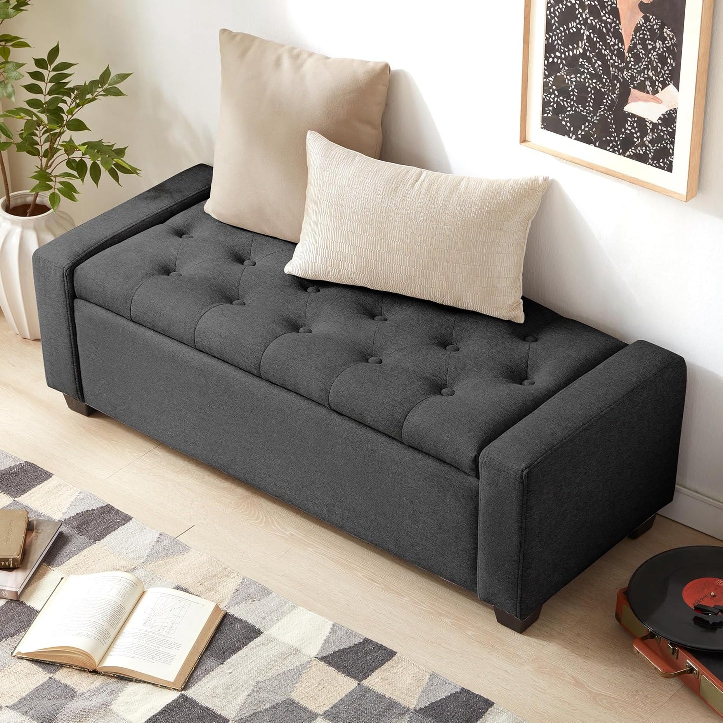 48" Ottoman with Storage, Storage Ottoman Bench with Safety Hinge, Upholstered Entryway Bench with Seating for Bedroom, Living Room, Holds up to 330 lb, Dark Gray