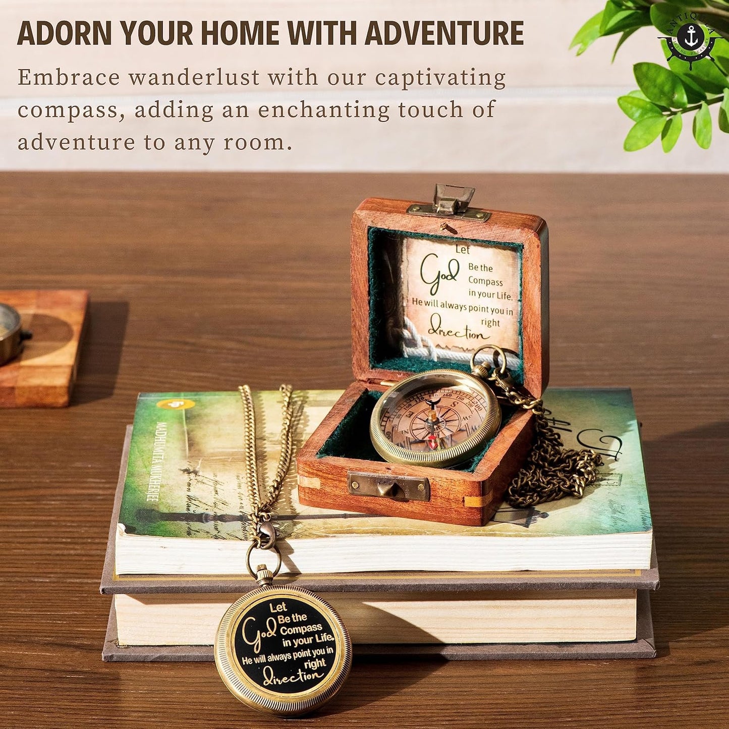 Brass Compass with Wooden Box - Graduation Gifts, Pirate Accessories & Baptism Gift For Boys, Steampunk Travel Decor Compasses For Missionary, Inspirational and Sentimental Compass